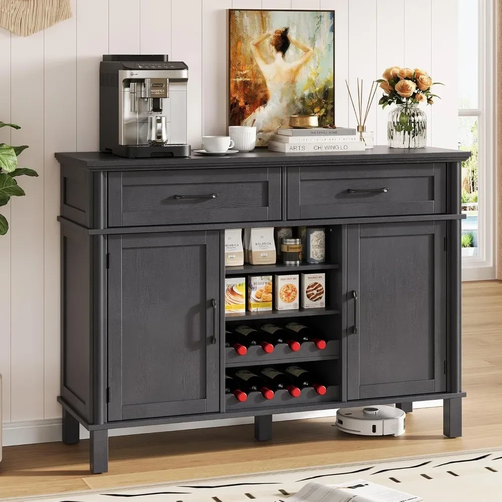 

48" Farmhouse Wine Bar Cabinet, Coffee Bar Cabinet with 2 Wine Rack, Sideboard Cabinet w/2 Drawers and 2 Doors