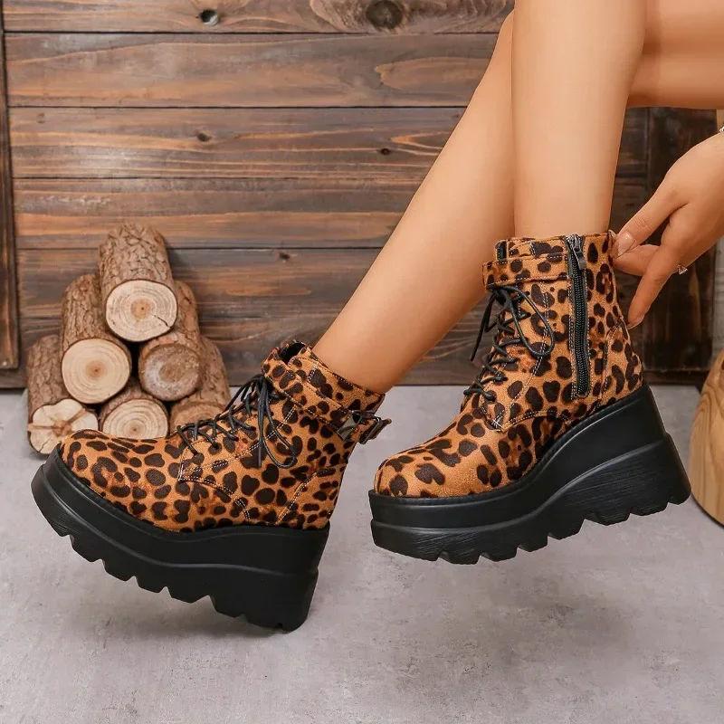 Women's Shoes 2024 Plus Size Ankle Women's Boots Platform Modern Boots Women Leopard Side Zip Front Lace-up Wedges Shoes Women