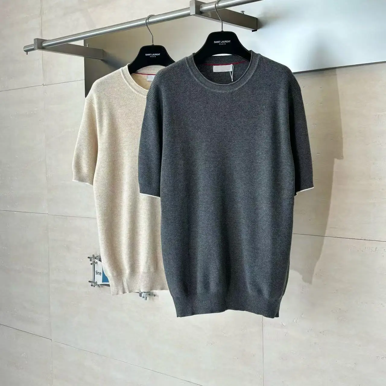 Italy summer new vertical pit strip crew neck knitted sweater old money style casual breathable short-sleeved T-shirt