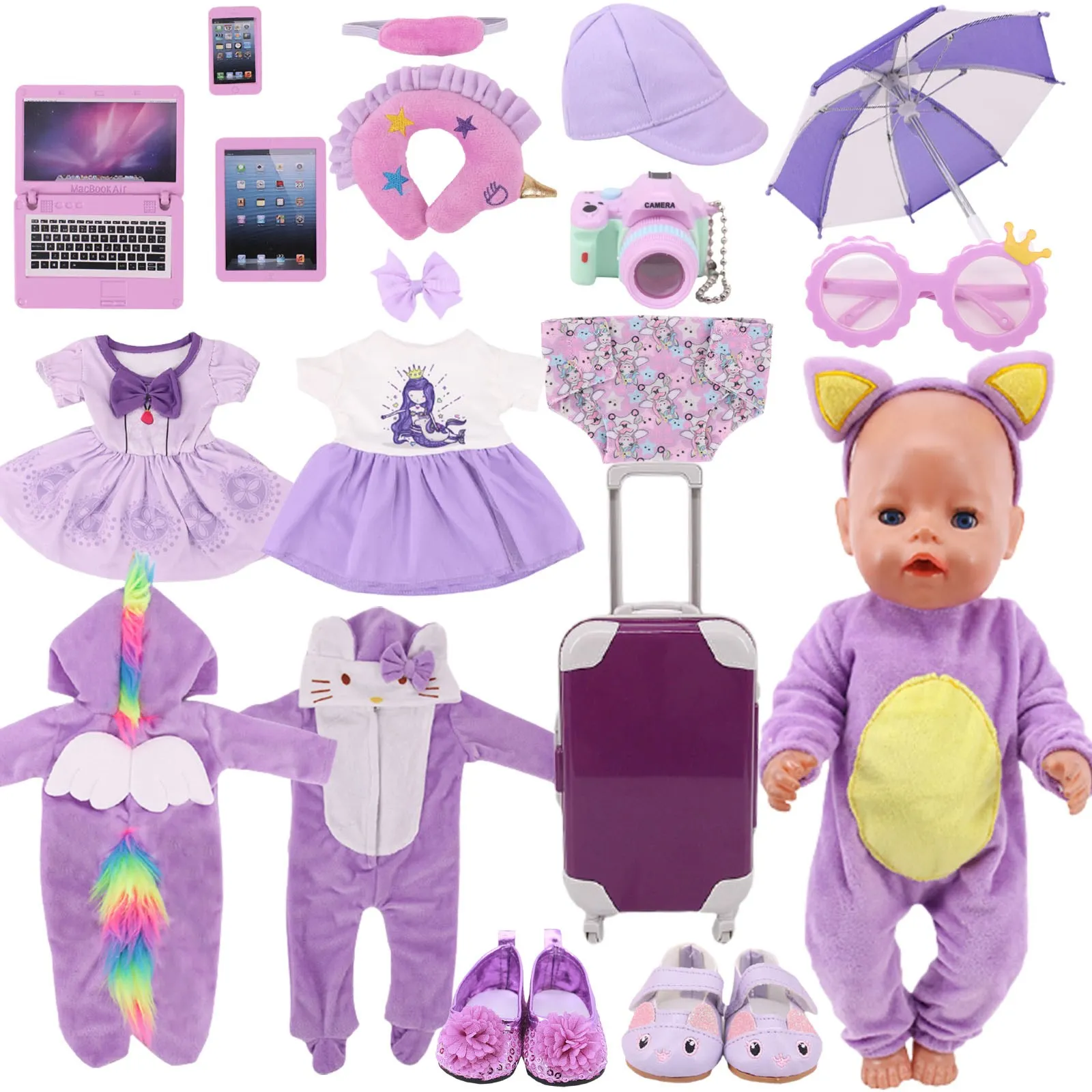 Purple Set Doll Clothes Accessories Skirt Fits Baby New Born Clothes 43CM & 18 Inch American Doll Generation Dolls Shoes