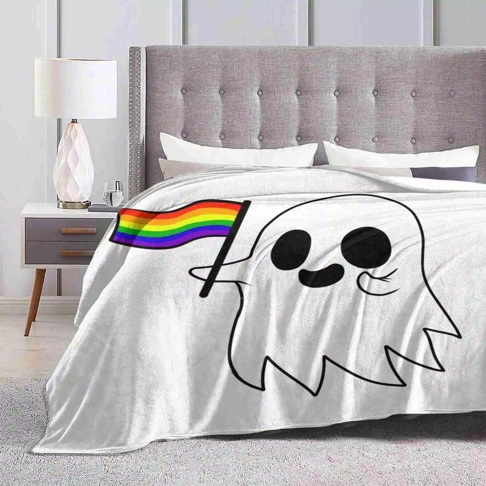 Gay Pride Ghost New Selling Custom Print Flannel Soft Blanket Ghost Halloween Spooky Gay Pride Lesbian Homosexual Flag Lgbtqa