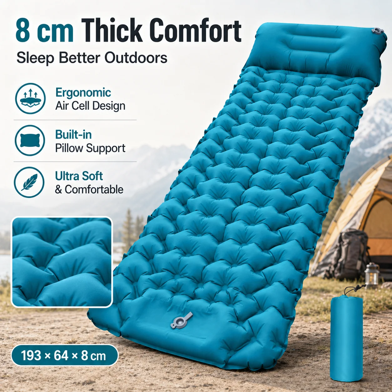 超軽量インフレータブルキャンプ用スリーピングパッド、内蔵枕付き、厚さ8cm、エアマットレス、ポータブルアウトドアキャンプマット、ハイキング用