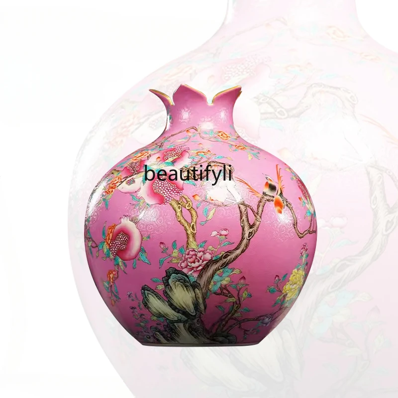 JingdezhenCeramic Vase HandDrawnFlowers and Birds Pattern PomegranateBottle Chinese Style Ornament Decoration Office Living Room