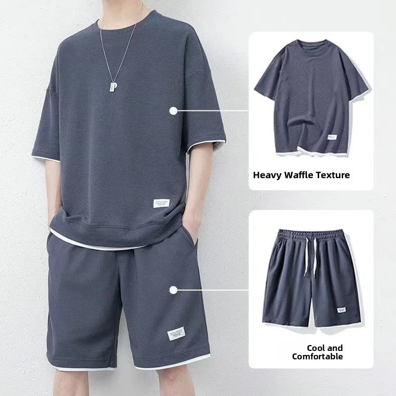 

Summer Casual Sportswear Set Men's ort Sve orts Two-Piece Set Trendy Teenage Match Cool T-irt Five-Quarter Pants