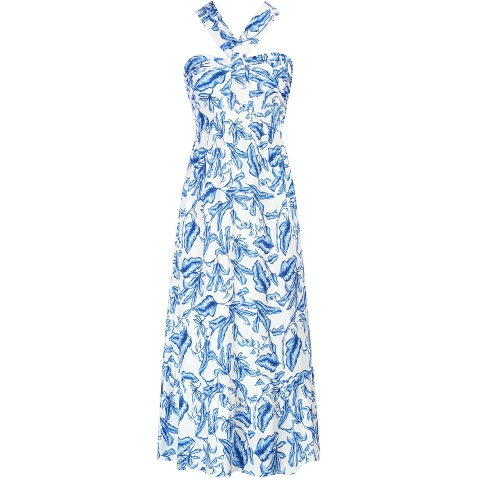 

Womens Elegant Dresses Crossover Halter-neck Sleeveless Floral Print A-line Maxi Summer Party Dress for Wedding Holiday Beach