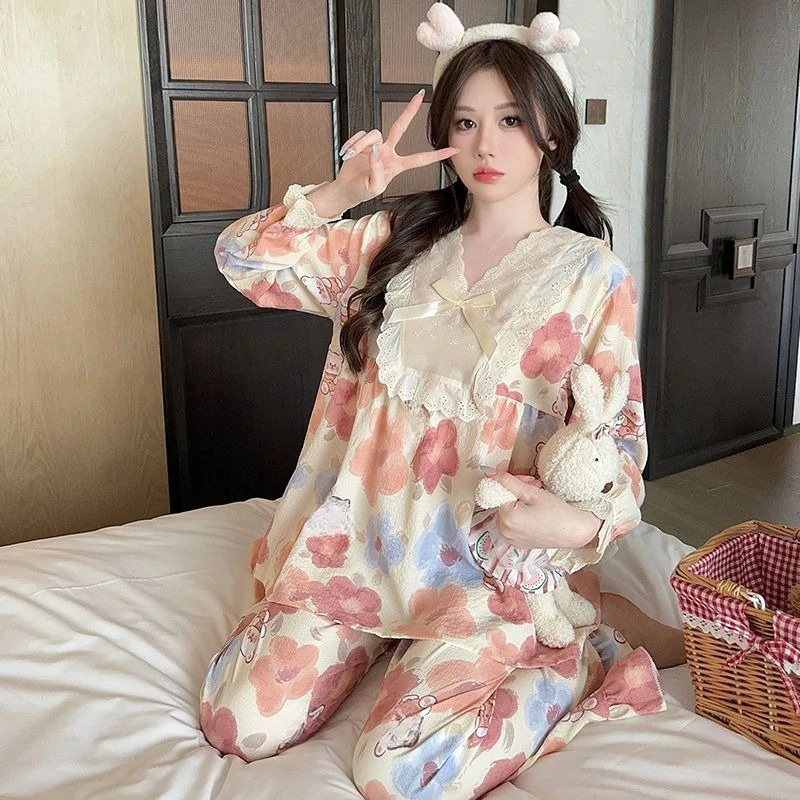 Explosive Nightwear Women Spring and Autumn Sweet Princess Wind High-grade Long-sleeved Pants Plus Size  Outside The Home Wear