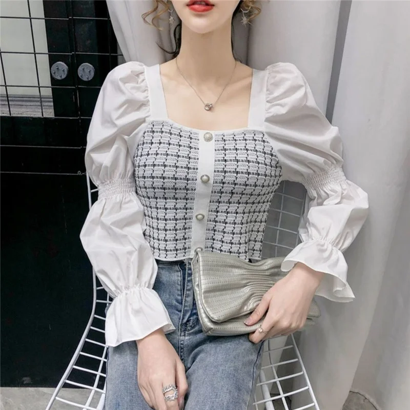 Vintage Square Neck Chic Sweet Ruffle Plaid Patchwork Long Sleeve Knitwear Women Spring Autumn Pullovers Blouse Top Clothing2023