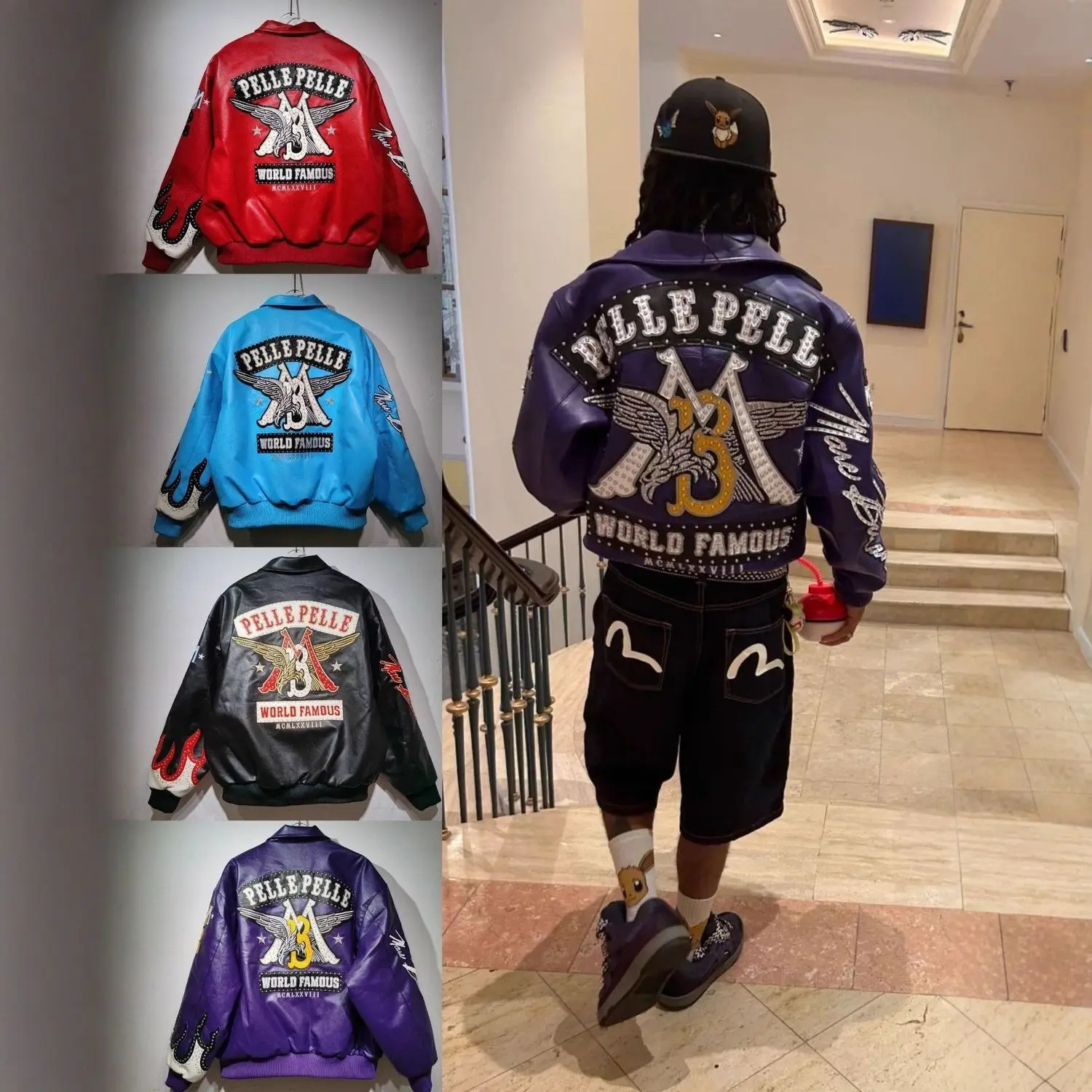 Pelle Locomotive Leather Jackets Full of Nail Diamonds Cotton Heavy Industry Embroidery Joint Series Jacket Coats Men Streetwear - view 4