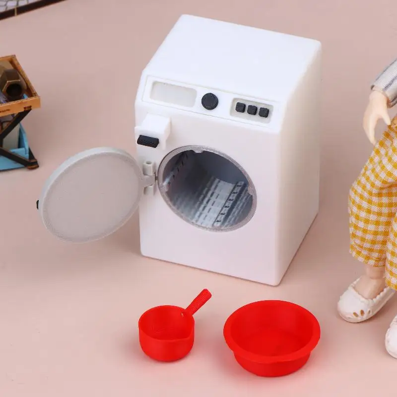 Mini Washing Machine 1 Bucket Basin Miniature Dollhouse Laundry Room Decor for Childrens Pretend Play Scene Accessories