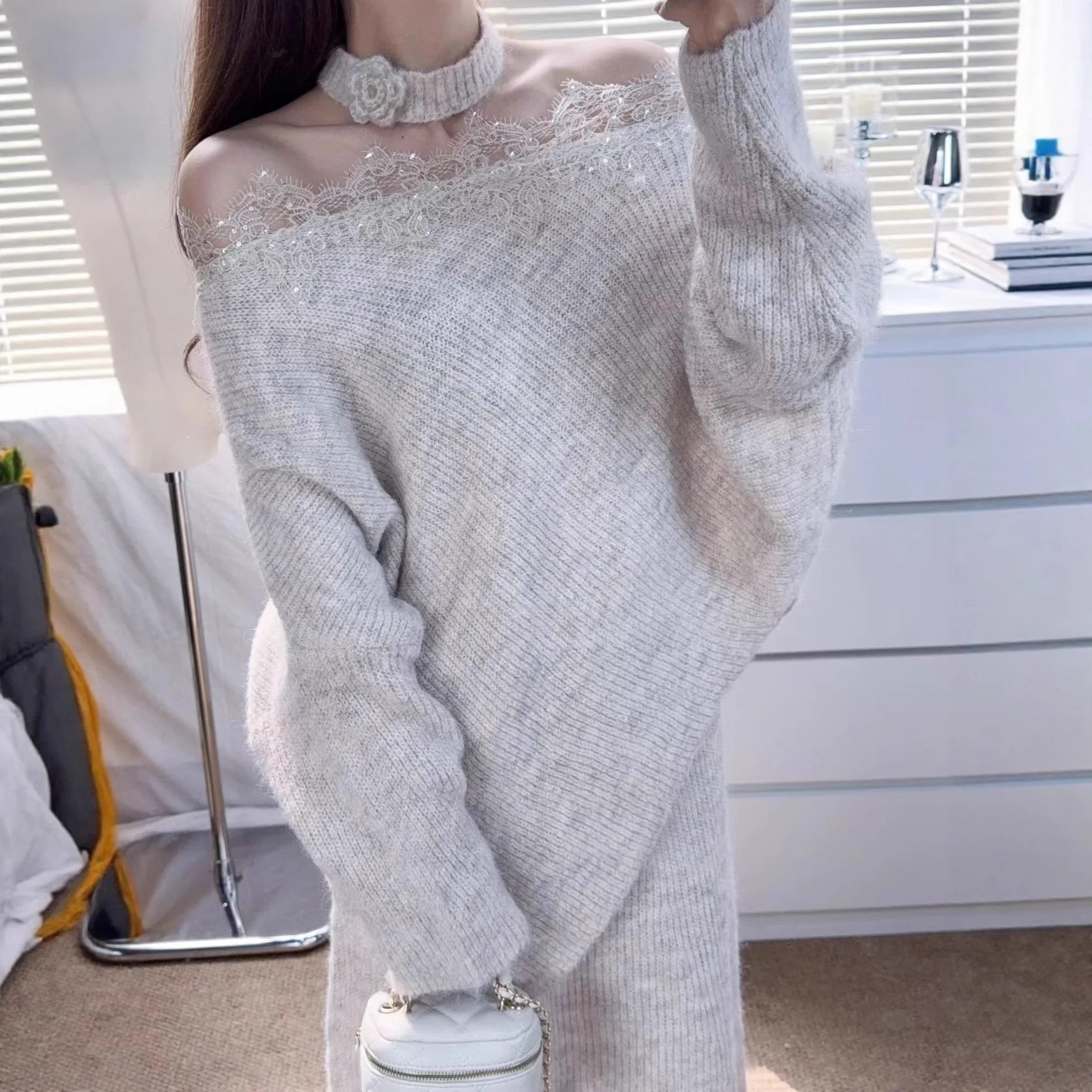 

Two Pieces Women Knitted Dress Sets Solid Matching Sets Asymmetric Lace Flower Pullover Ankle Length Skirt 2025 Autumn Winter