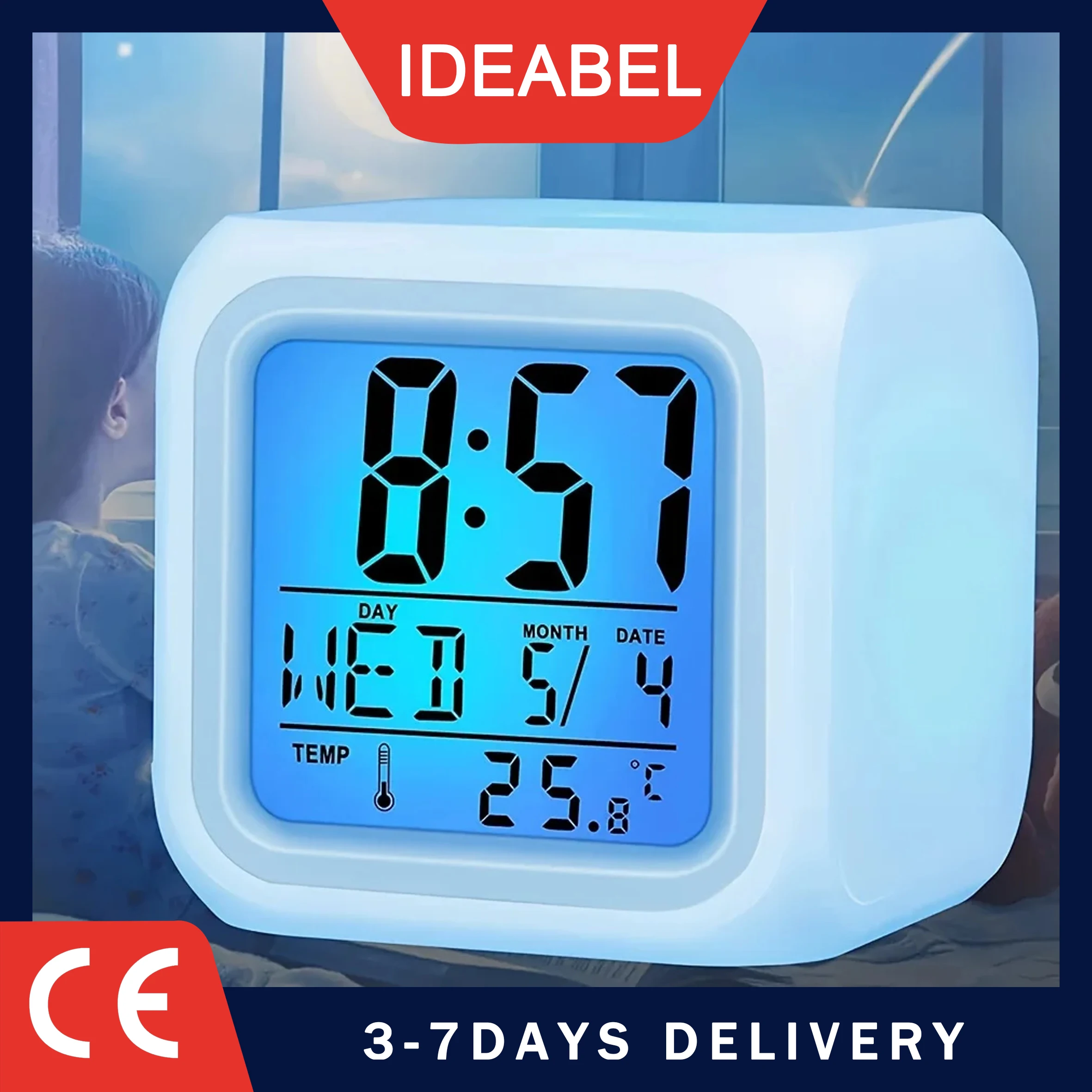 IDEABEL LED Digital Alarm Clock Mini Desk Cube Clock Colorful Lights Multi-function Alarm Clocks Calendar Temperature Display