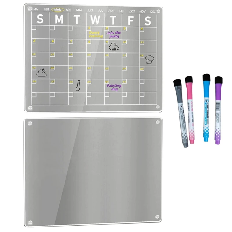 

2 PCS Transparent Acrylic Dry Erase Calendar Board For Fridge, 16X12 Inch For Refrigerator With 4 Markers