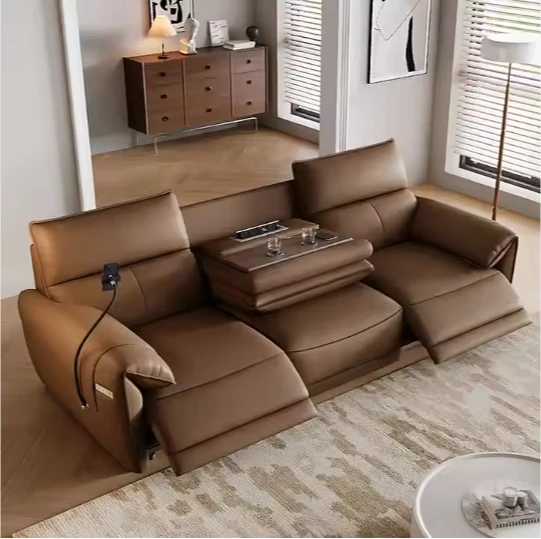 Electric Recliner Sofa Genuine Leather Power Reclining Sofa Zero Wall Design Home Theater Couch with USB Cup Holder