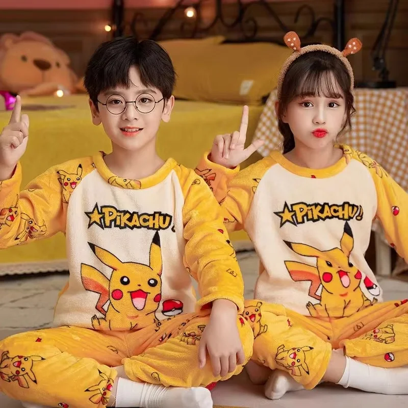 Cartoon Pikachu Pajamas Warm Children'S Flannel Pajama Set Winter Winter Plush Boys Girls Coral Fleece Sleepwear Kids Home Cloth