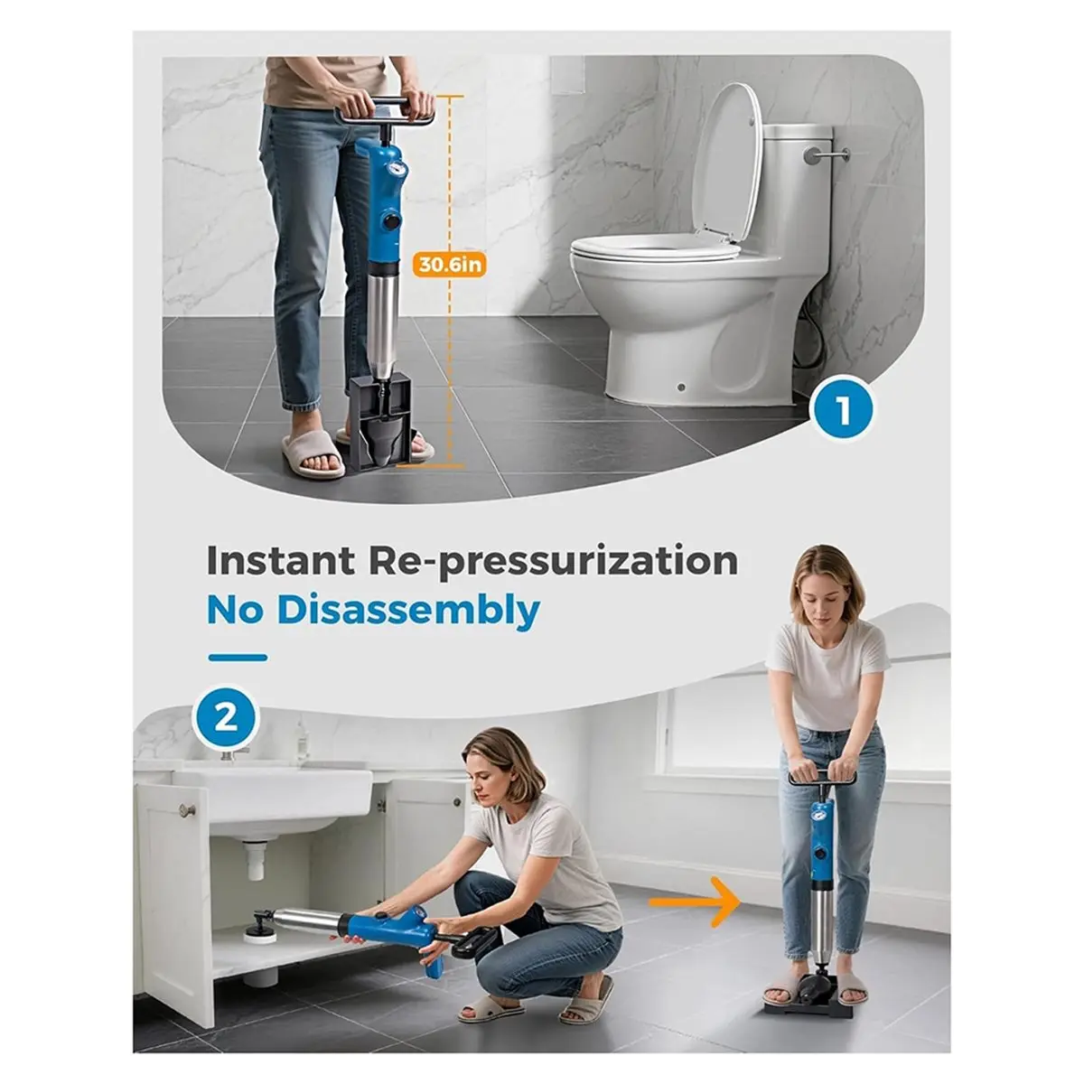 DT38 High Pressure Toilet Plunger Drain Auger with Real-Time Gauge Heavy-Duty Air Unclogger for Toilets, Sinks & Drains Blue