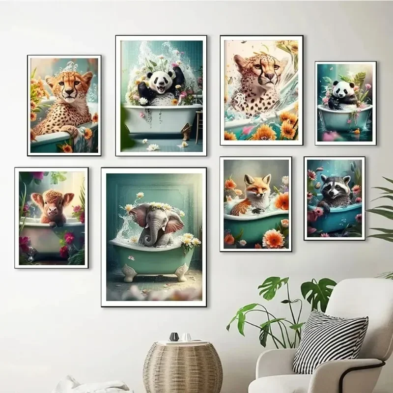 Diamond Painting Cute Elephant Panda Fox Cheetah in Bathtub Tropical Jungle Posters Print Wall Art Picture Living Room Home De