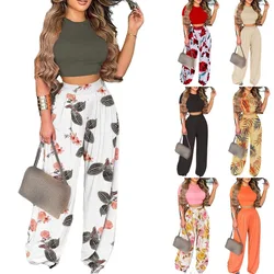 Spring Summer Flower Print Slim Suit Women Sexy O-Neck Short Sleeve Short T-shirt Top High Waist Wide Leg Pants Trousers Suit