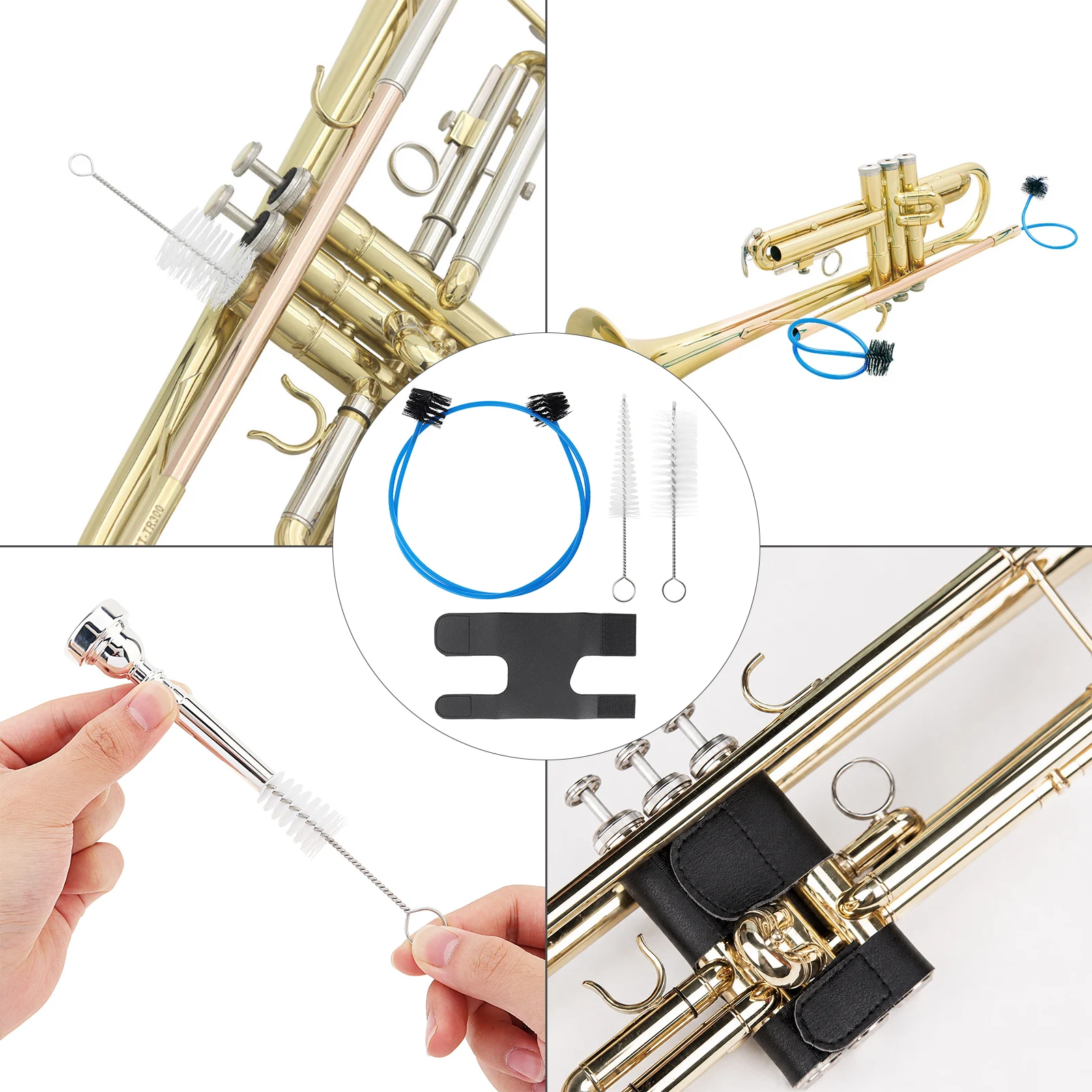 Bb Trumpet Snake Brush Kit with Mouthpiece Valve Slides Cleaning Brush and Hand Guard Cover Brass Instrument Care Kit