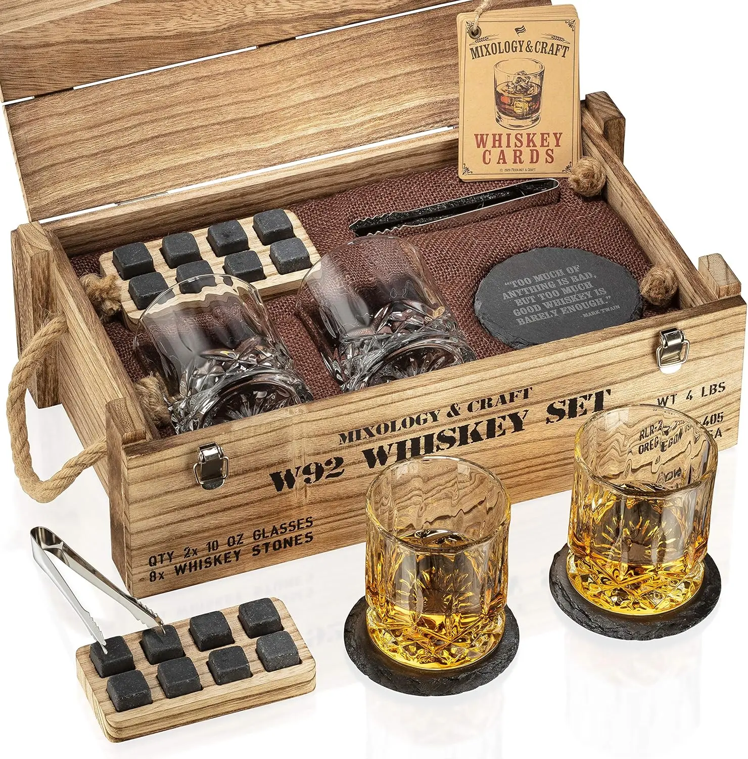 Whiskey Stones Gift Set for Men | Whiskey Glass and Stones Set with Wooden Army Crate, 8 Granite