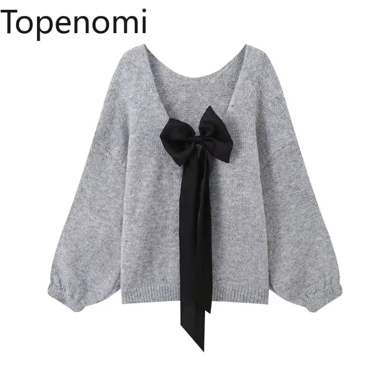 Topenomi Sweater Women Fashion Backless Bow Loose Knitted Pullover 2024 Autumn Winter Lazy Round Neck All Match Top Sueter Mujer