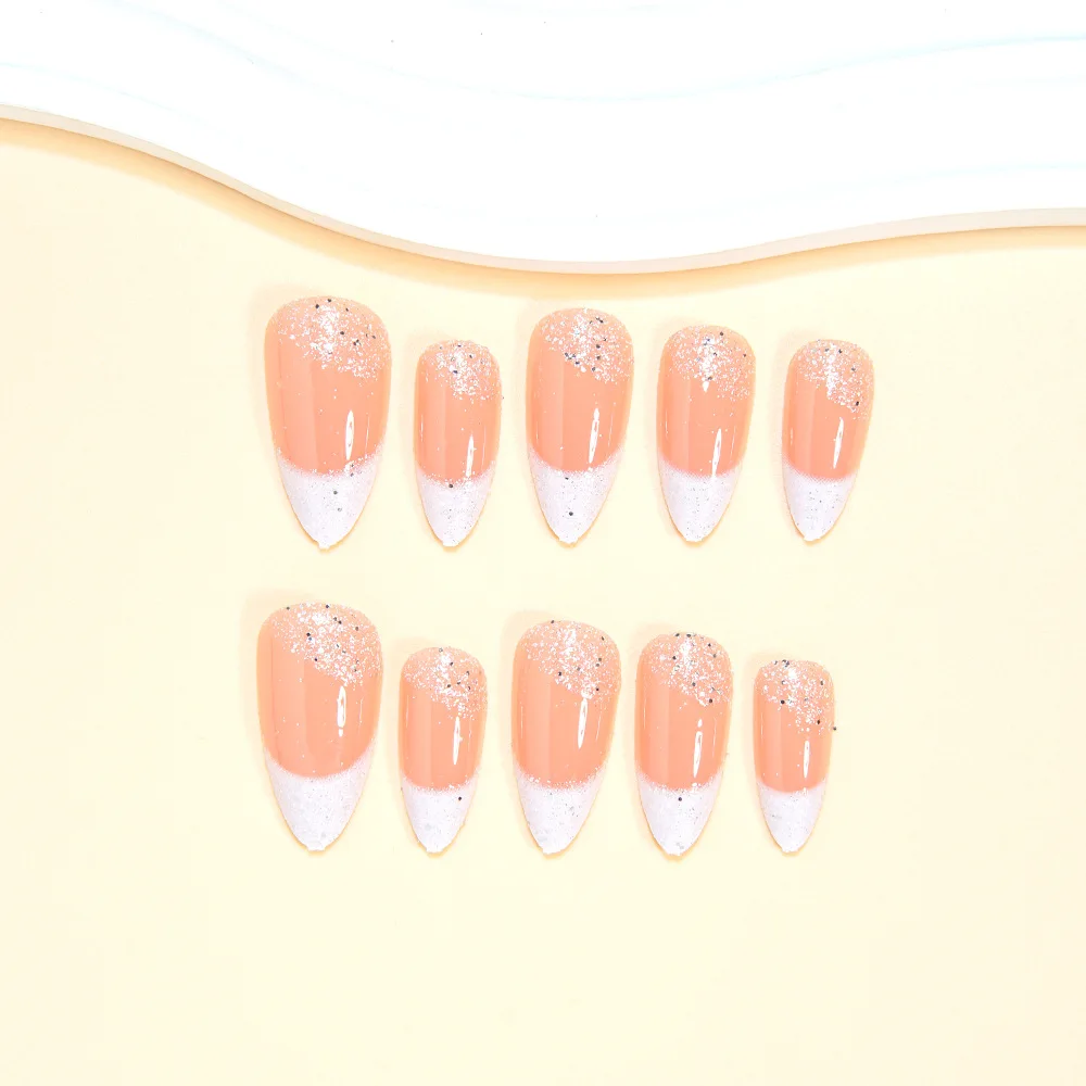 24枚入り シンプルなホワイトフレンチプレス風付け爪 グルー付き グリッター スパンコール グラデーション アーモンド型 付け爪 フルカバー インスネイル