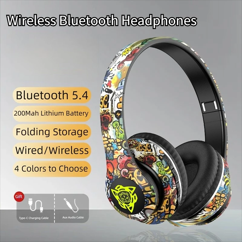 

Складные беспроводные Bluetooth-наушники с граффити, шумоподавляющие гарнитуры Super Bass, геймерские наушники с HD-микрофоном, поддержка TF-карты