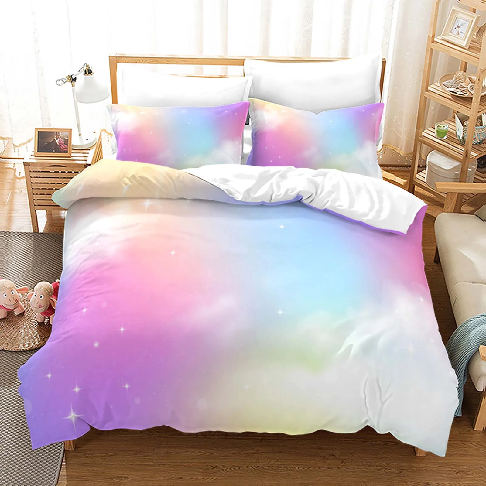 Rainbow Gradient Cloud Duvet Cover Set Colorful Print Bedding Set For Girls Women Bedroom Decorative Bedspread