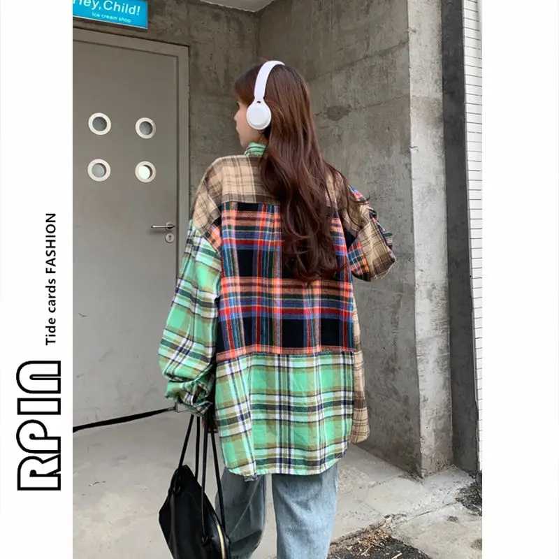 Personality Patch Plaid Shirts Women Men Oversized Harajuku Long Sleeves Tops High Street Chic Summer Simple College Blouse Coat