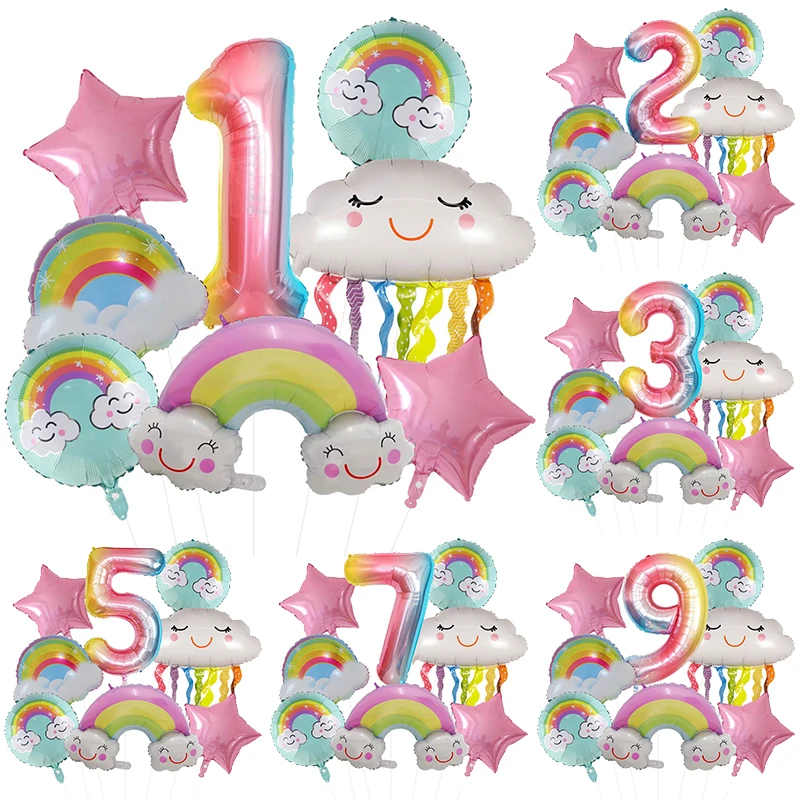 1set Rainbow Smile Cloud Balloon 40inch Gradient Number Foil Balloons 1-9 Year Old Birthday Party Decors Anniversary Supplies