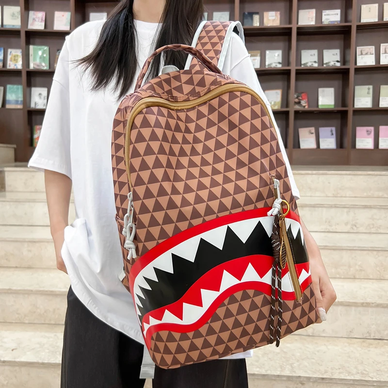 

Tiptoegirls Triangle Plaid Backpack Casual College Student Schoolbag Big Mouth Pattern Travel Backpack Individual Nylon Rucksack
