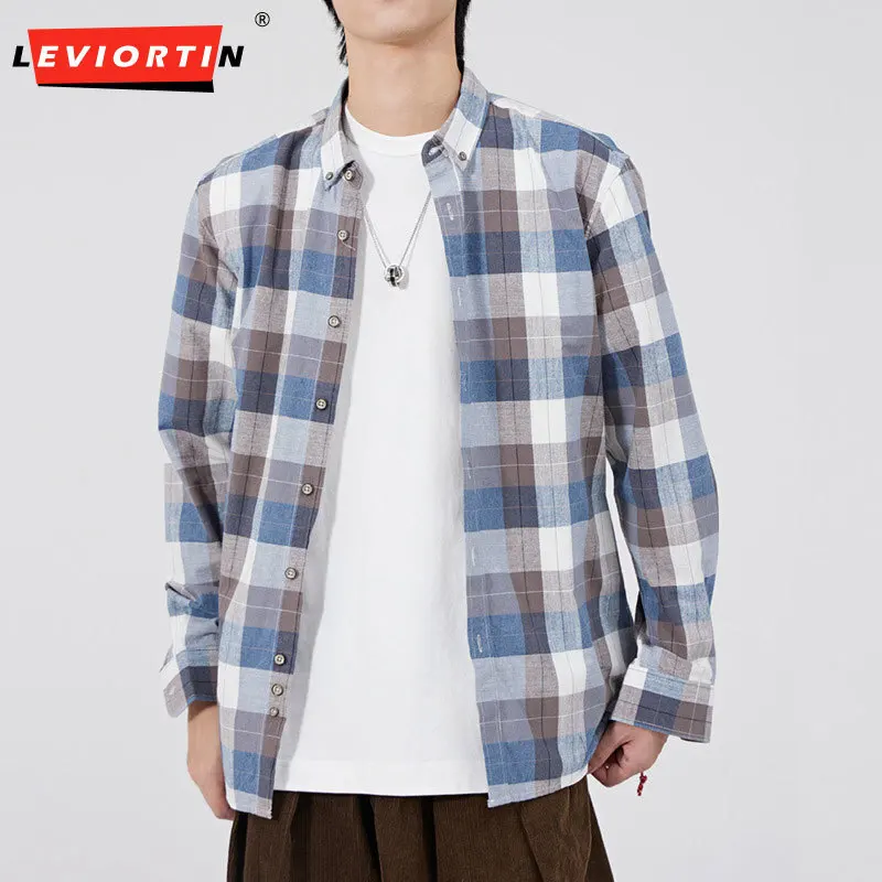 Lente- en zomer herenoverhemden, casual geruite overhemden met gradiënt, lange mouwen, high-end gevoel, eenvoudige en losse overhemdjassen