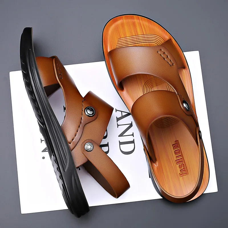 Men's Summer  New Anti-slip Soft Bottom Genuine Leather Sandals Casual Outer Wear Beach Shoes Trendy