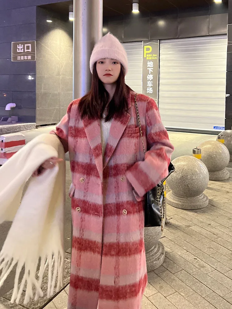 Loose Fit pink Color Casual Plaid Woolen Coat Parkas Lapel New Long Sleeve Women Fashion Tide Autumn Winter 2023