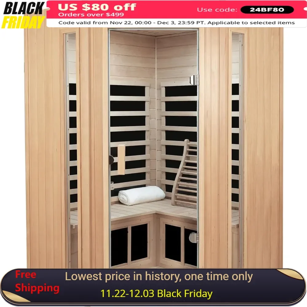 

2-3 Person Infrared Sauna, Far Infrared Saunas for Home Low EMF Indoor Home Saunas Spa, Hemlock Wooden Corner Sauna Room