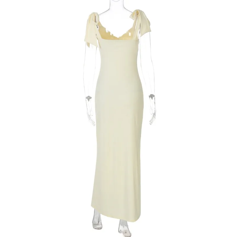 Frauen Sommer Solide Fliege Spaghetti-trägern Bodycon Maxi Kleid Sexy Geraffte V-ausschnitt Ärmellose Backless Schlank Urlaub Party Roben