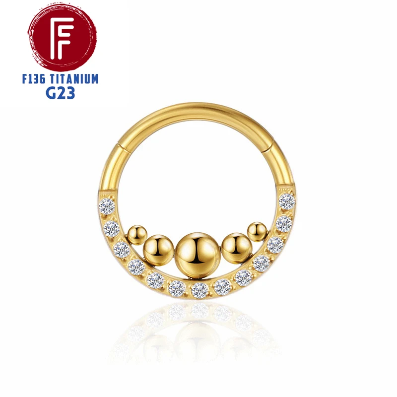 F136 Titanium Nose Piercing Hinged Bead Hoops CZ Stone Rings