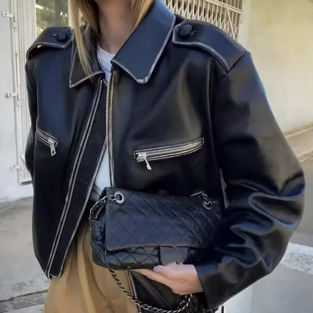 여성용 빈티지 워싱 컬러 바이커 가죽 재킷 헤비 인더스트리 하이 스트리트 스타일 루즈 PU 코트 가을용