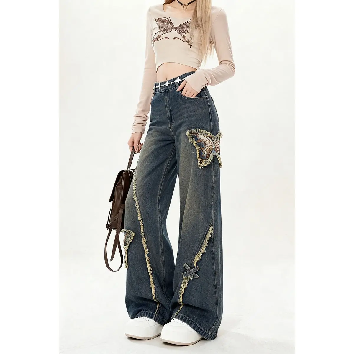 WCFCX STUDIO New American Vintage Washed Butterfly Embroidery Jeans for Women High Street Niche Straight Leg Long Pants