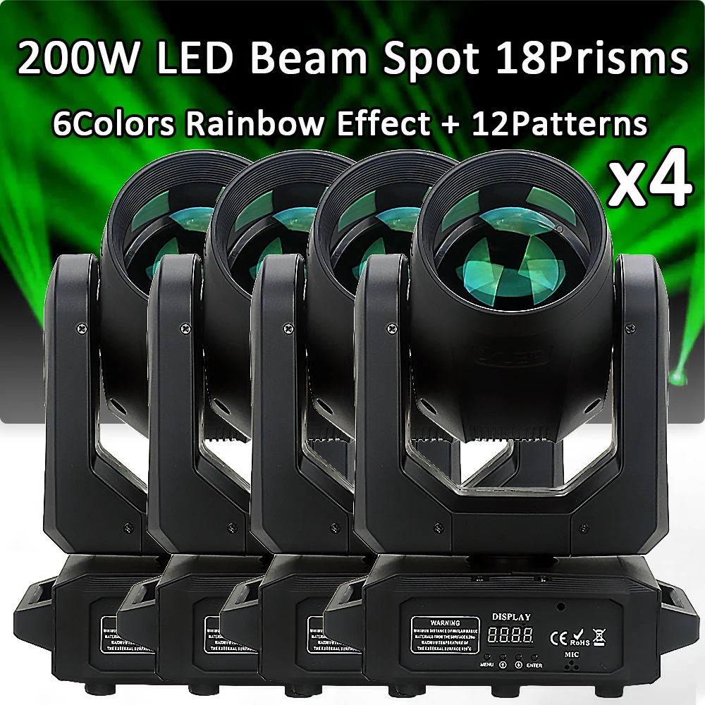 4Pcs/lot LED 200W Moving Head Light Beam Spot 18 Rotating Prisms 12 Gobos  Rainbow Effect DMX DJ Disco Wedding Bar Party Stage