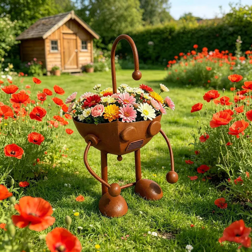 Vintage Robot Style Iron Planter Decorative Flower Pot Metal Garden Statue Unique Patio Lawn Succulent Container