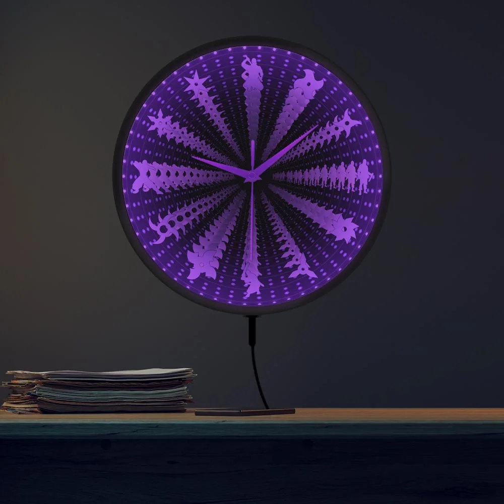 Shinobi Japon Ninja Tunnel Vision Luminous Wall Clock Japanese Fighter Warrior With Throwing Star Neon Light LED Infinity Mirror