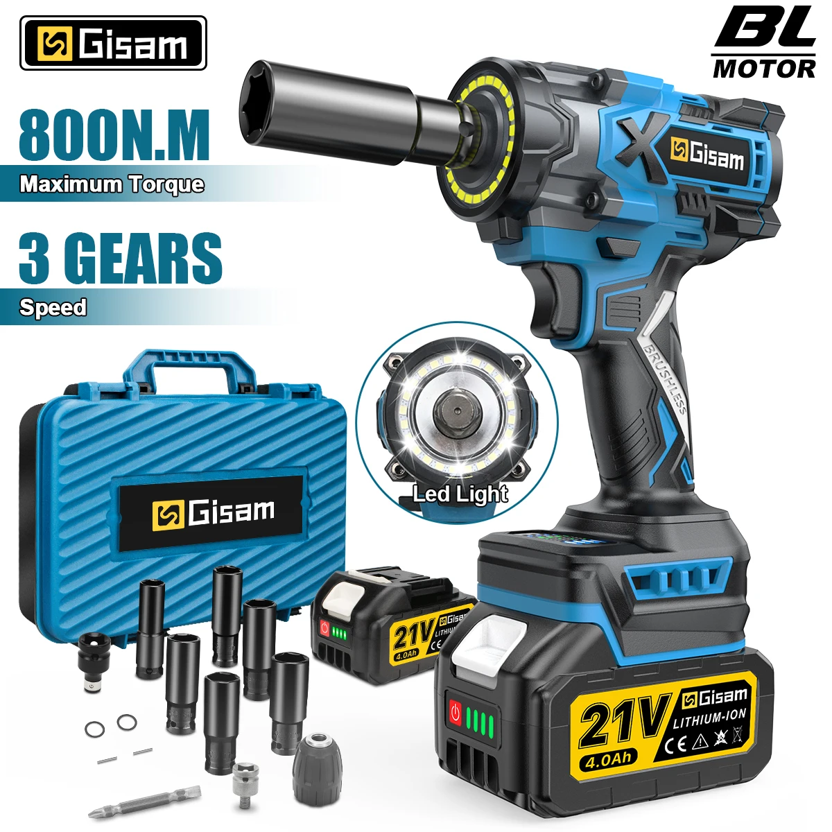 Gisam 800N.M Torque Brushless Electric Impact Wrench 1/2 inch Cordless Wrench Screwdriver Power Tools For Makita 18V Battery Pin