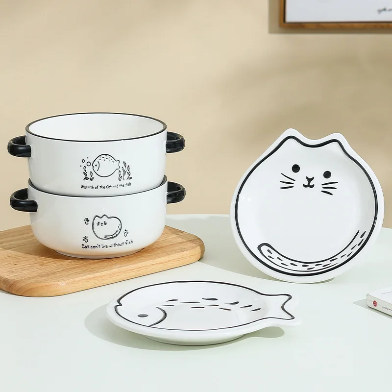 Nordic Simple Ceramic Bowl Cartoon Household Trumpet Personality Bubble Noodle Bowl with Lid Double Ear Soup Fresh-keeping Bowl