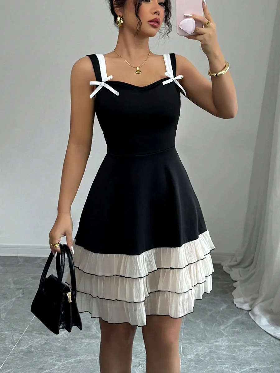 

Sweet Color Contrast Sling Short Dresses Women Sexy V Neck Sleeveless Mini Dress Summer New Party Lady Cake Skirt Y2k Vestidos