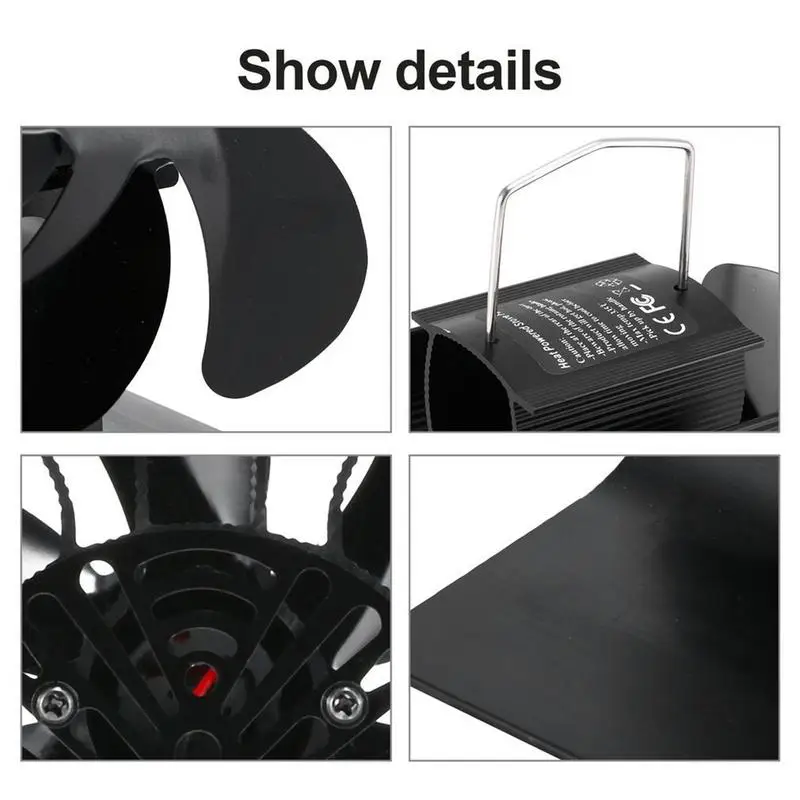 Ventilador negro de 6 aspas para chimenea, sistema de ventilado para quemador de leña, silencioso y eficiente, con distribución de calor para el