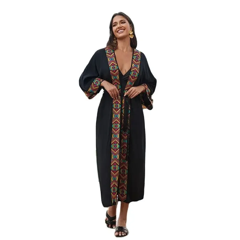 

Geometry Print Decoration Women Cardigan Smock Vacation Casual Loose Bikini Cover-ups Female Summer Sun Protective Coverall Gown