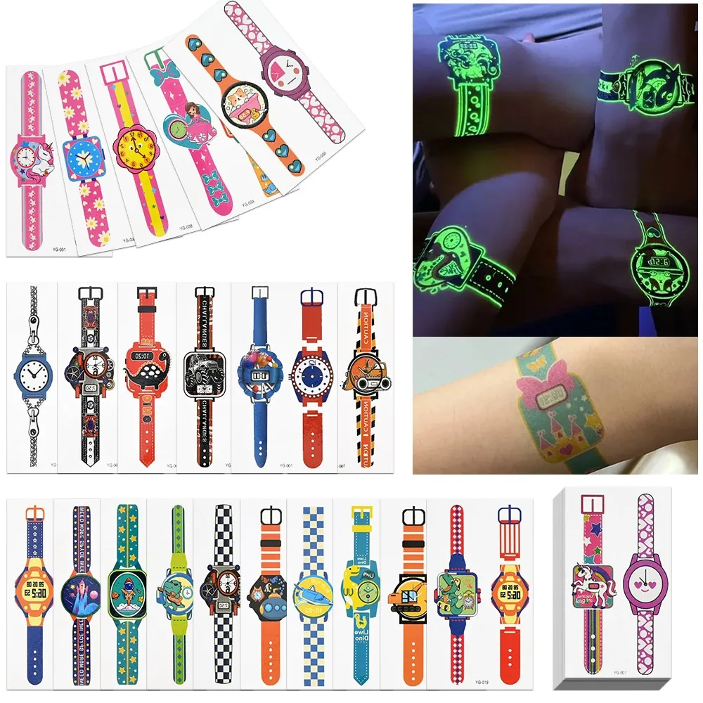 Reloj de dibujos animados para niños, tatuajes luminosos, pegatinas Kawaii, lindo reloj de pulsera, tatuaje temporal impermeable para niños, niños,