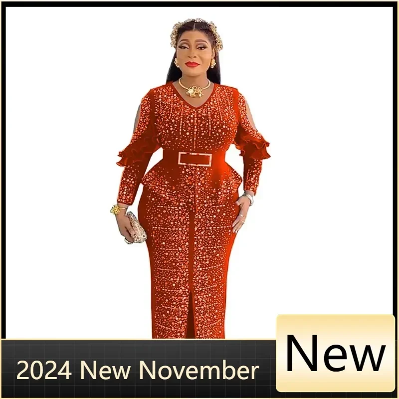 

Elegant African Party Evening Dresses for Women Autumn African Long Sleeve V-neck Diamond Wedding Long Maxi Dress Gowns Outfits
