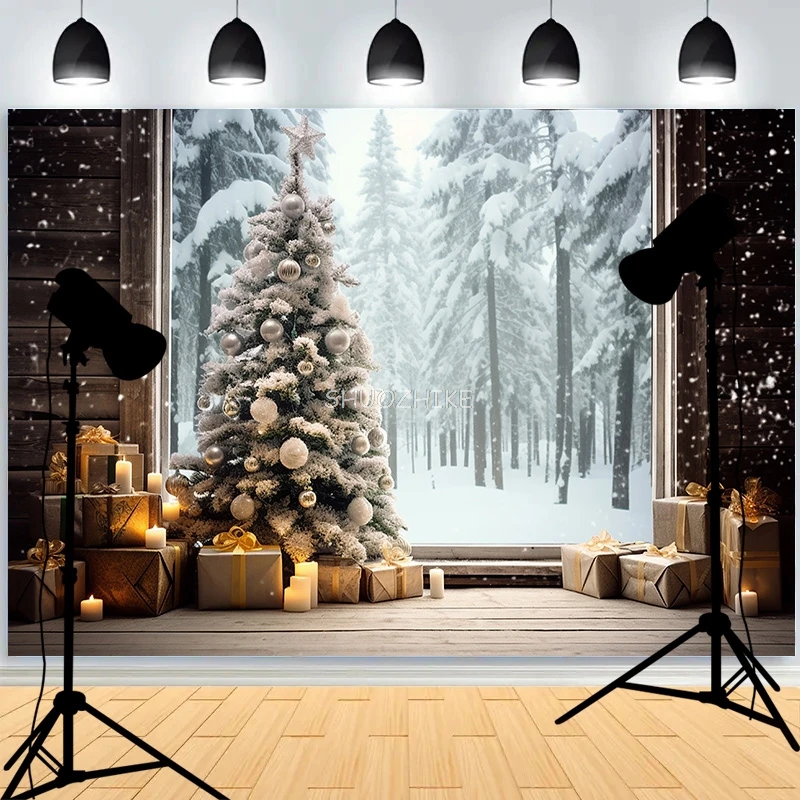 Christmas Tree With Wooden Floor Photography Backdrops Pinecones Snow Fireplace New Year Winter Holiday Party Background DT-25