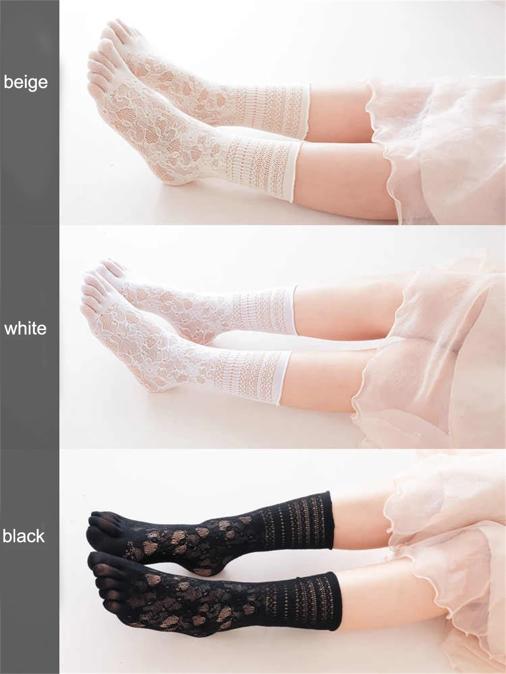 3 pairs Summer Lace Thin Breathable Five-finger Mid-tube Socks Women Split-toe Hollow Skin-friendly Pile Socks Dress Accessories